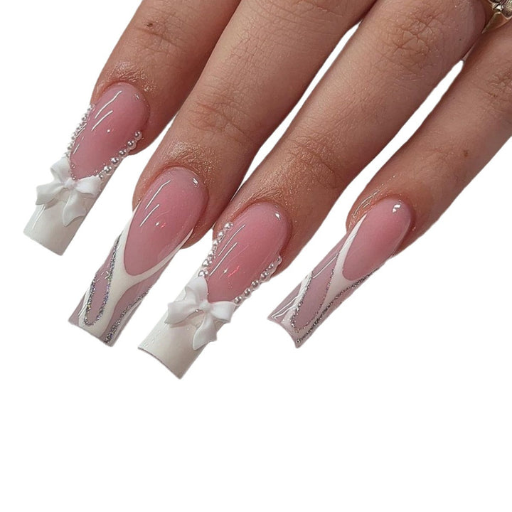 Decorative Long Coffin Nail Extensions with Bow Accents Kalsten