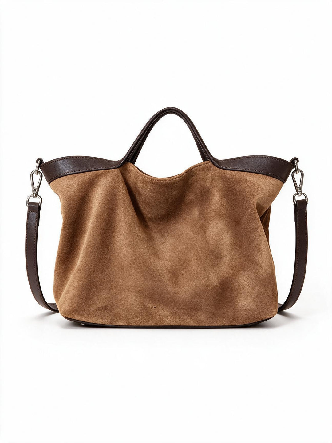 Suede Slouch Shopper Tote with Contrast Leather Trim & Removable Crossbody Strap