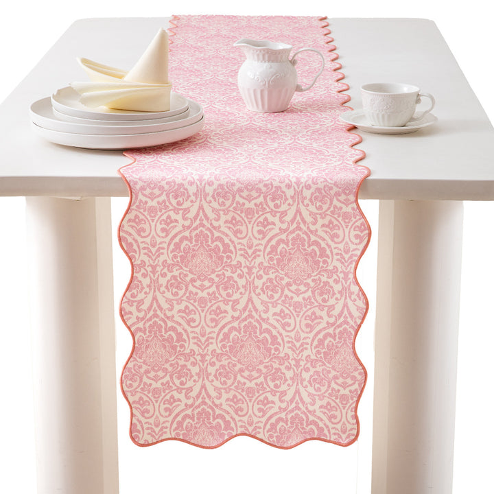 Damask-style table runner with curved wave edge and fine ornamental print Kalsten