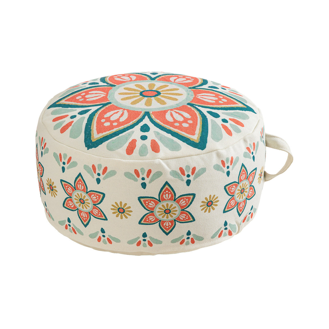 Round seat pouf with woven cotton cover and ethnic mandala print Kalsten