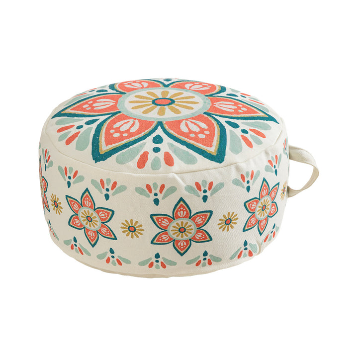 Round seat pouf with woven cotton cover and ethnic mandala print Kalsten