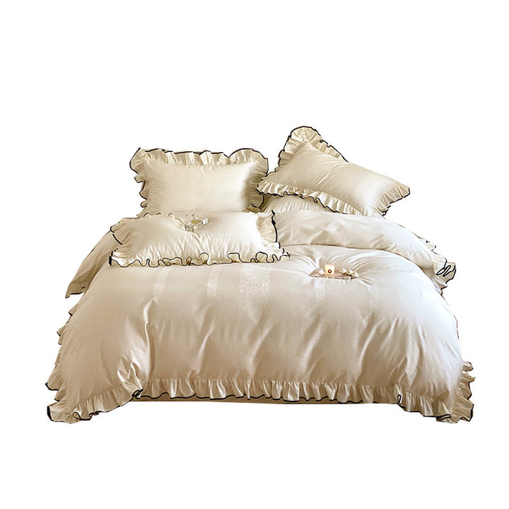 Noble cotton satin bedding set with flounce ruffles, jacquard floral border and contrasting piping.