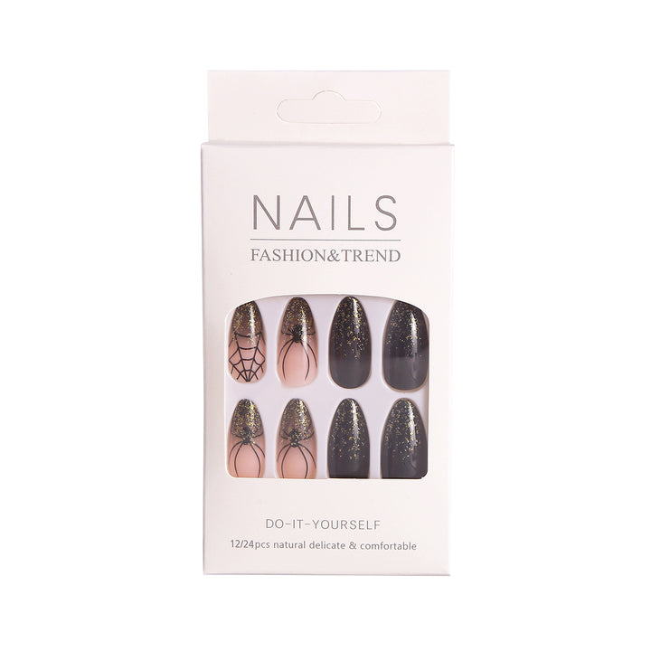 Artistic Press-On Nail Set with Glitter and Spider Web Design Kalsten