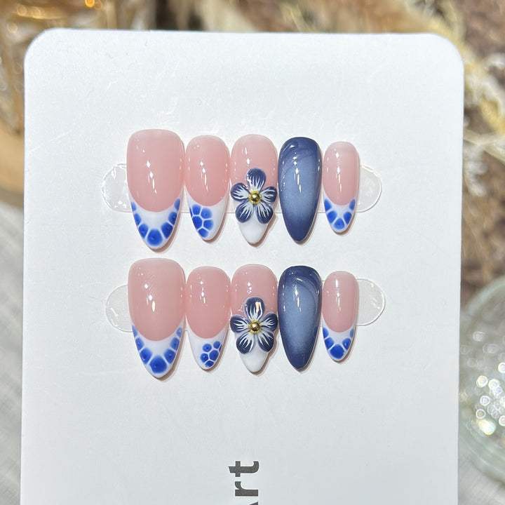 Artistic Press-On Nail Set with Floral and Geometric Accents Kalsten
