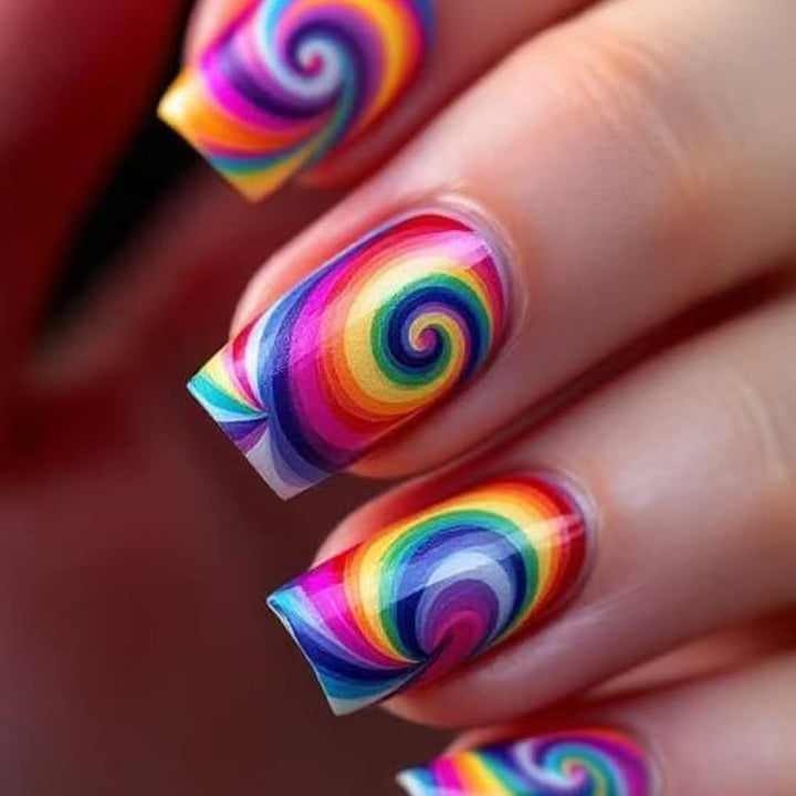Creative nail art with colorful spiral pattern Kalsten