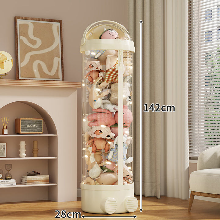 Tall Cylindrical Toy and Plush Storage Organizer with Clear Zip Cover and Rolling Vent Base
