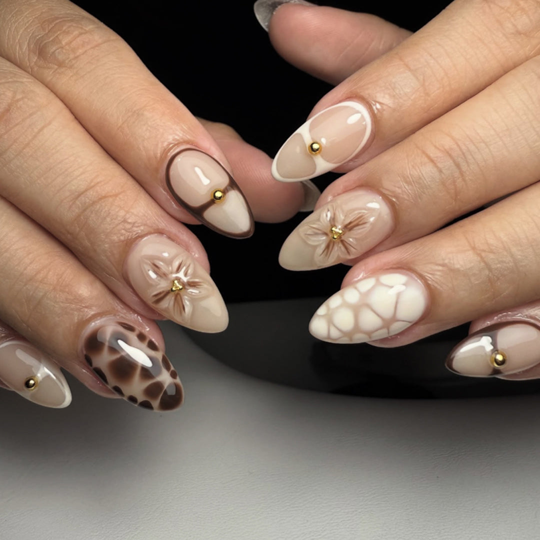 Artful Nail Extensions with Floral and Glitter Details Kalsten