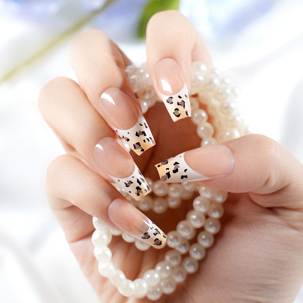 Stylish French Tip Press-On Nails with Animal Print Kalsten