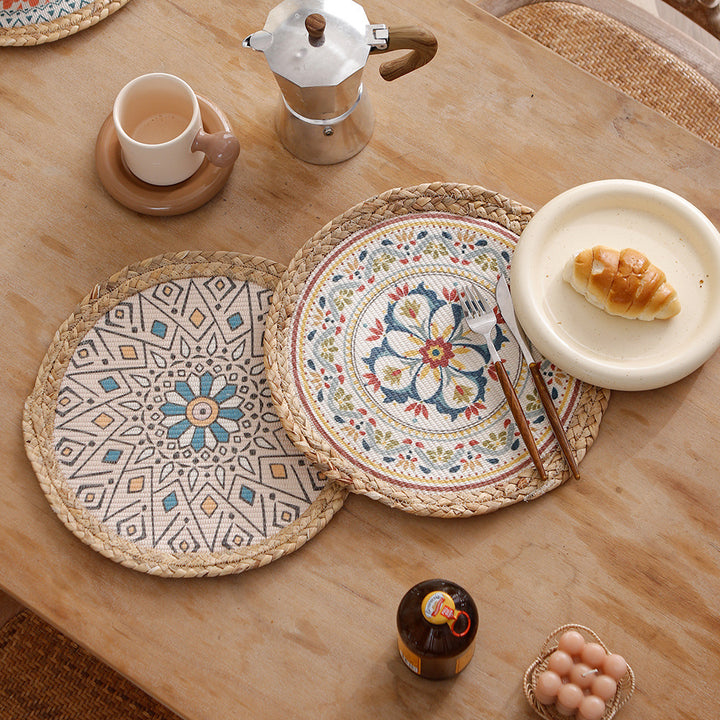 Round woven table mat made of jute with mandala cotton overlay Kalsten