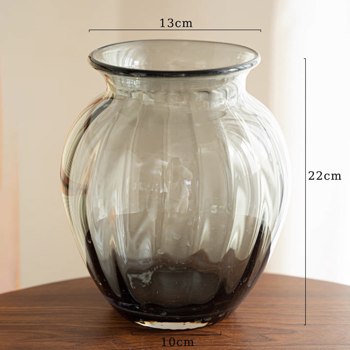 Handblown Ribbed Smoky Glass Bulb Vase with Narrow Neck Kalsten