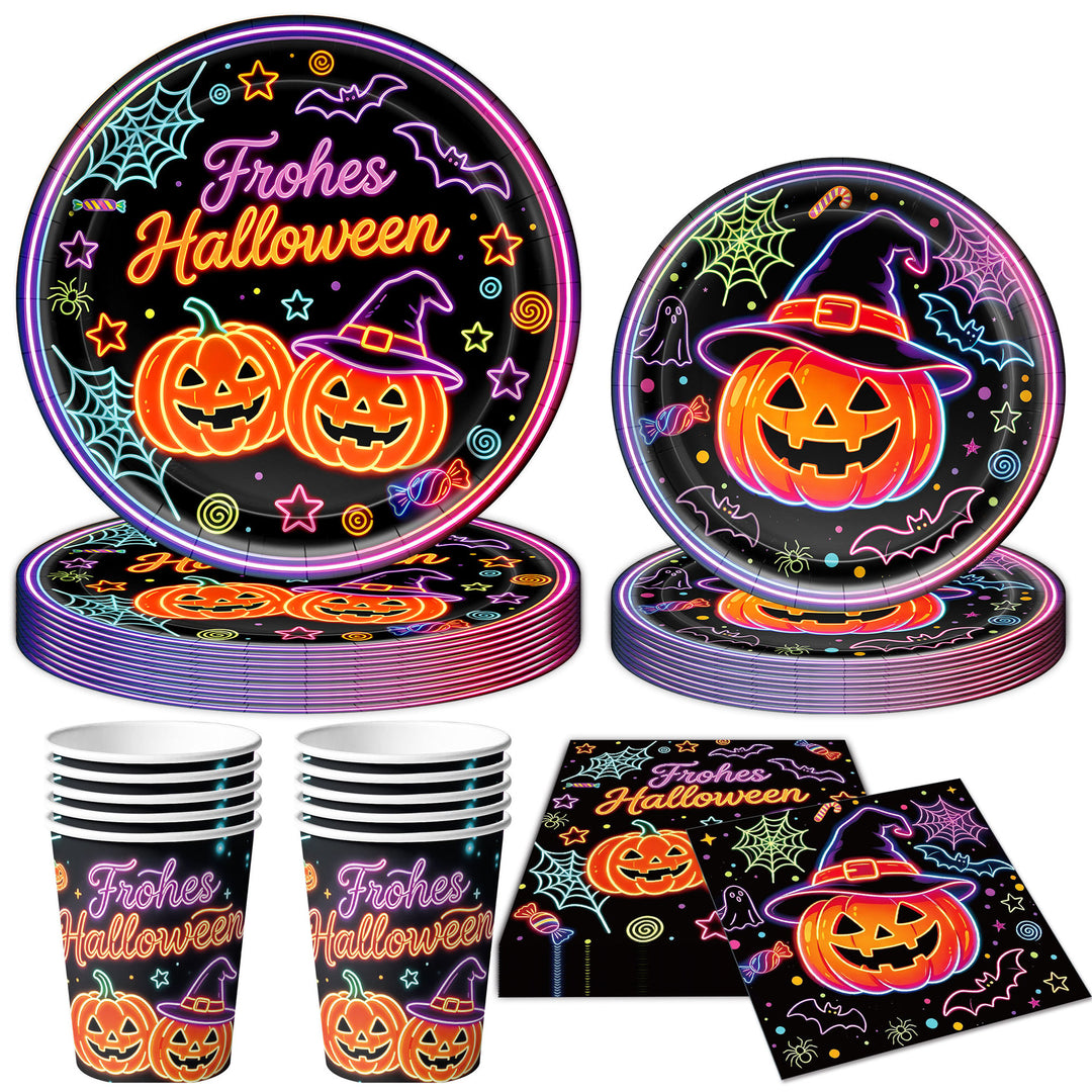 Complete Halloween Party Table Decoration Set with Neon Pumpkin Design Disposable Dinnerware and Garland
