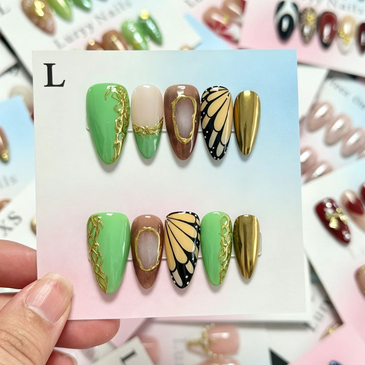 Artistic Press-On Nail Set with Luxury Floral and Gold Designs