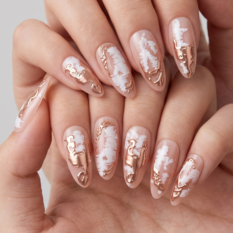 Elegant Press-On Nails with Artistic Marble and Metallic Design Kalsten