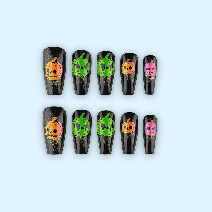 Halloween-style artificial nails with graphic pumpkin designs Kalsten