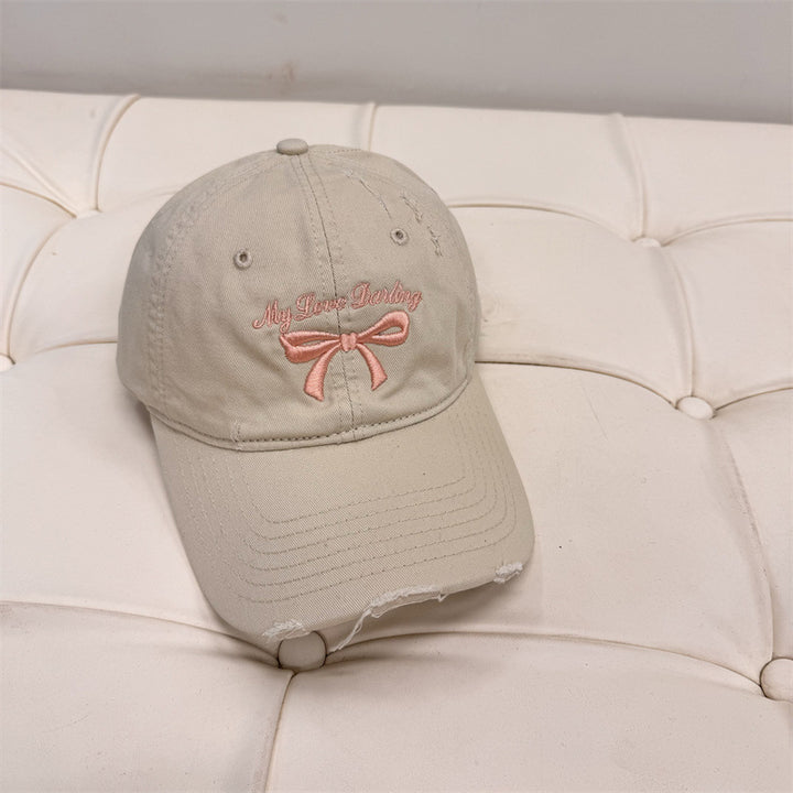 Women's Distressed Cotton Baseball Cap with Bow Embroidery Kalsten