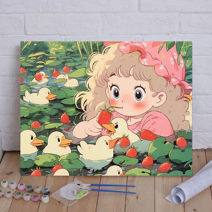 Cartoon Cat and Girl Themed Canvas Paint by Numbers Art Kit Kalsten