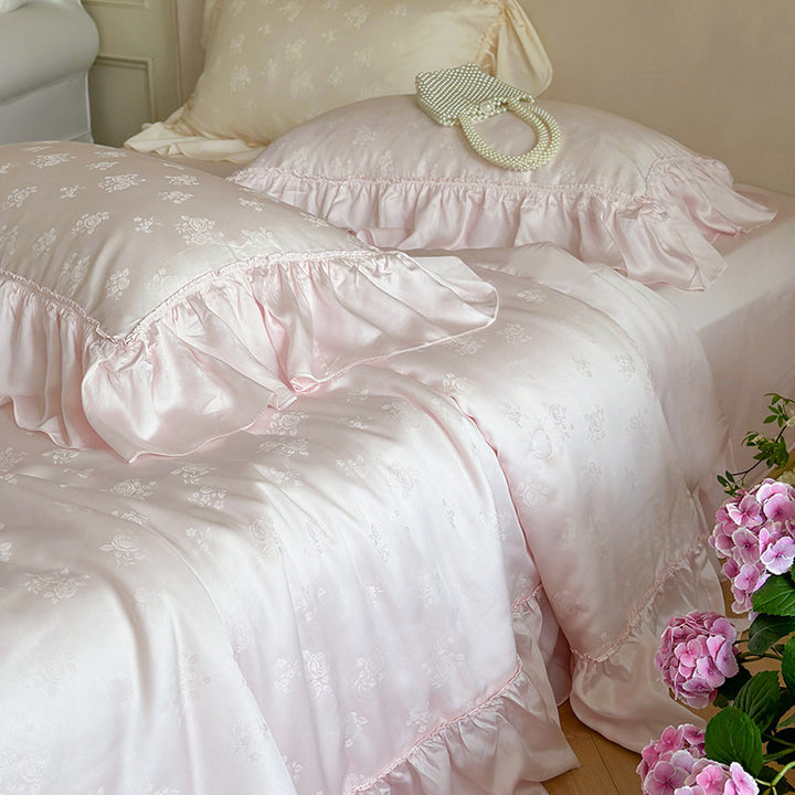 Elegant satin bedding set with jacquard floral pattern and ruffles
