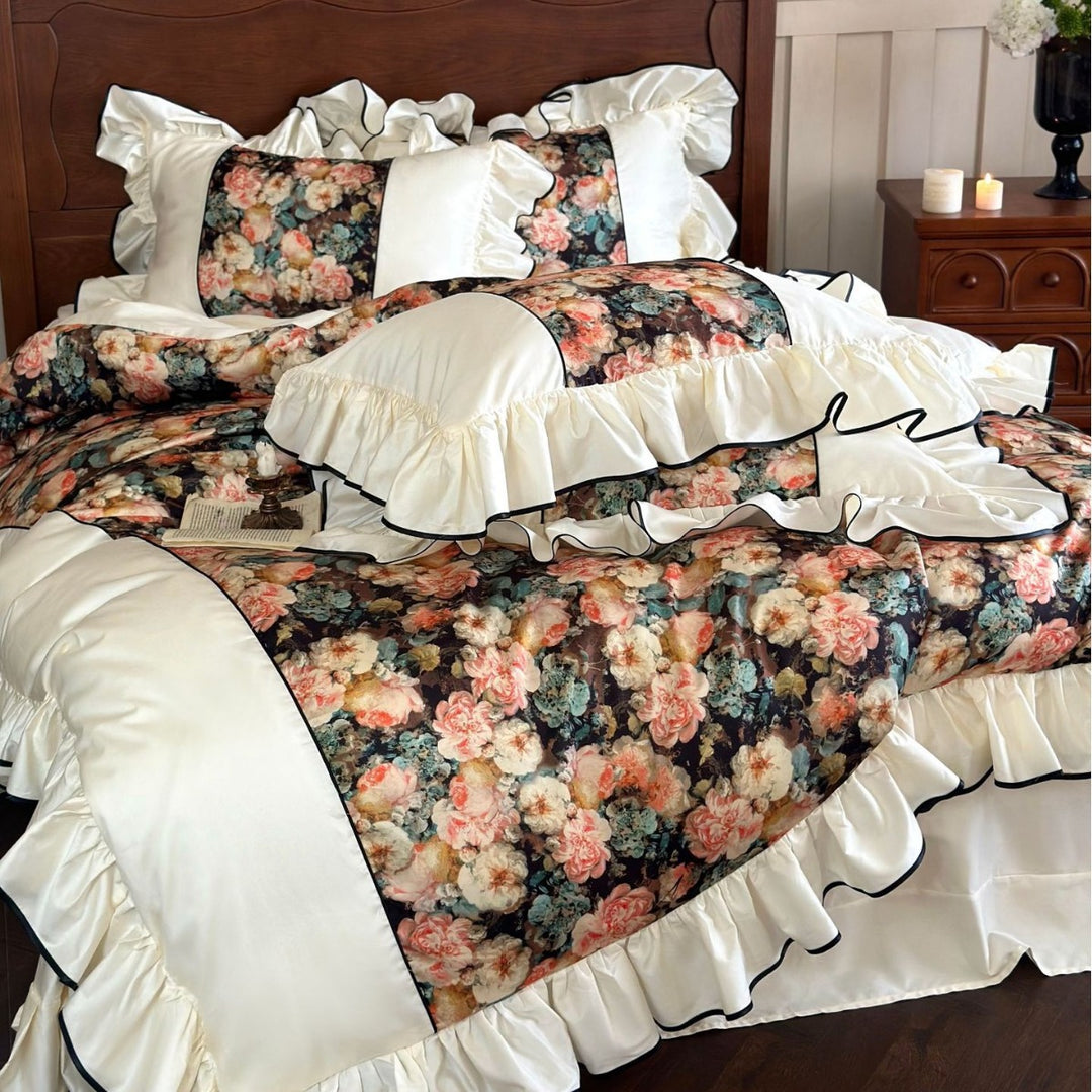 Luxurious floral cotton satin bedding set with ruffles and piping