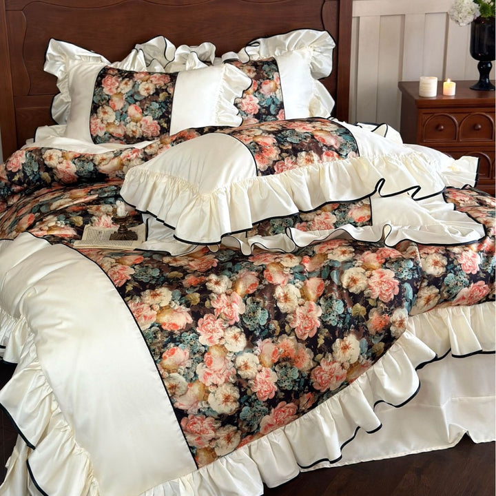 Luxurious floral cotton satin bedding set with ruffles and piping
