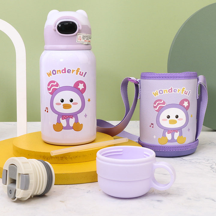 Women's Insulated Water Bottle with Cute Rabbit Design and Practical Carry Strap Kalsten
