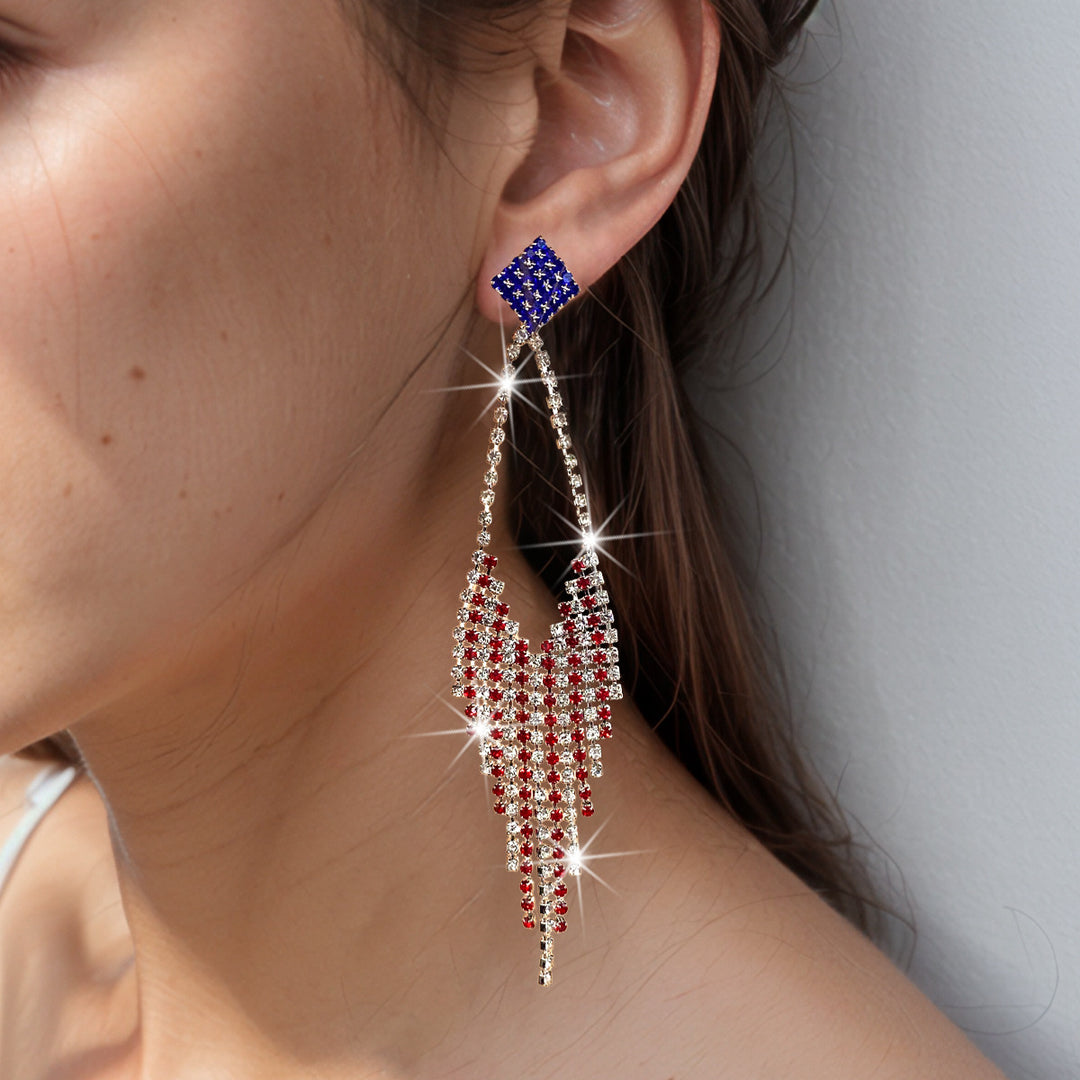 Ladies long sparkling crystal tassel earrings with geometric stud closure Kalsten