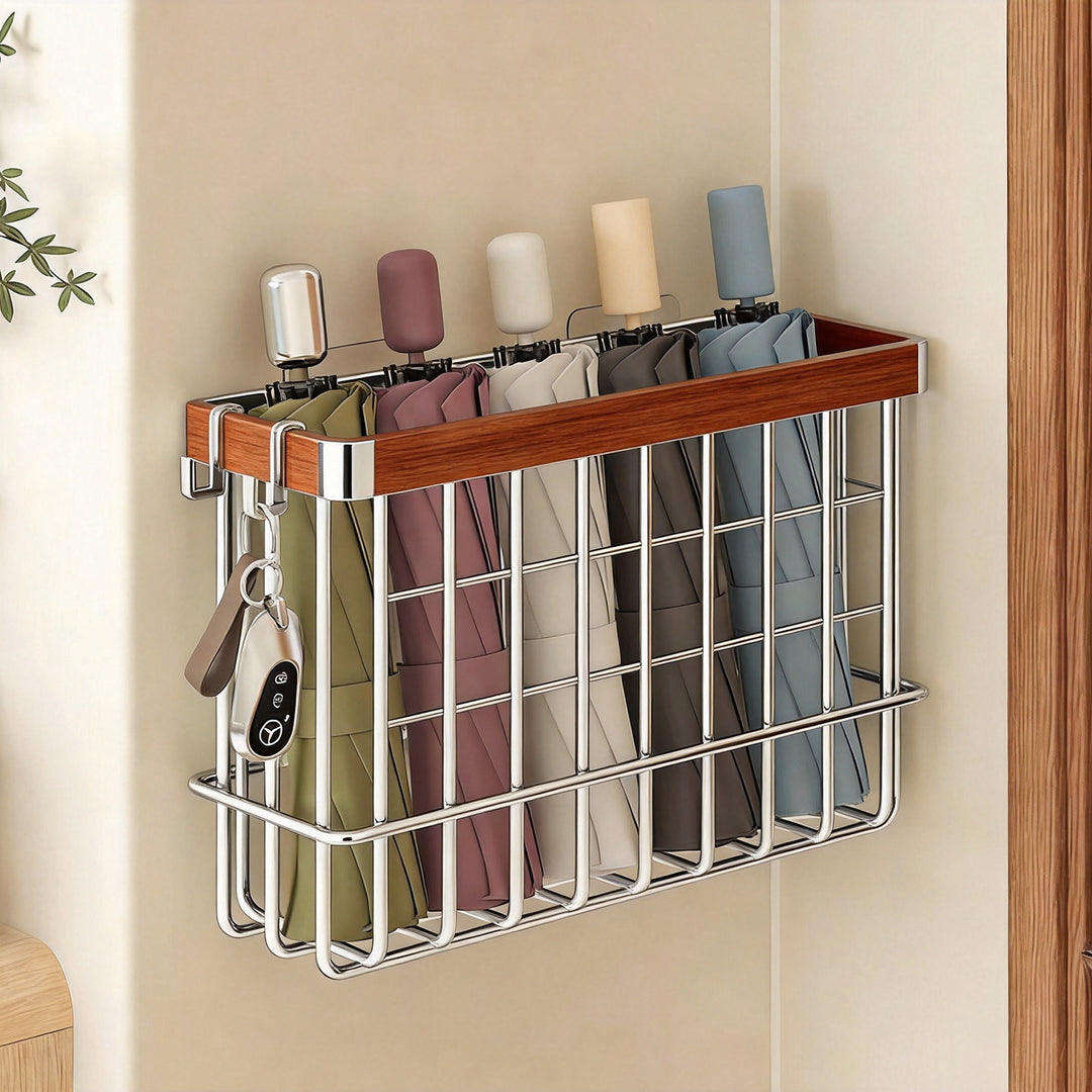 Wall-Mounted Folding Umbrella Storage Caddy for Door with Ventilated Grid and Quick-Drain Base