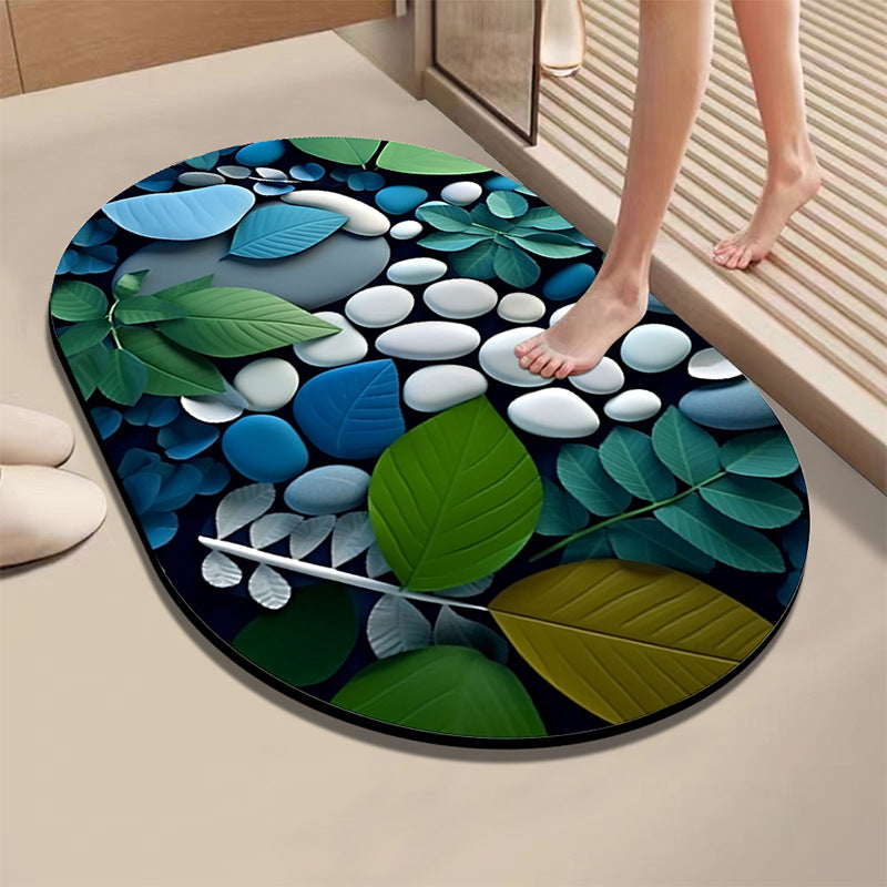 Artistic Leaf and Stone-Themed Bath Mat