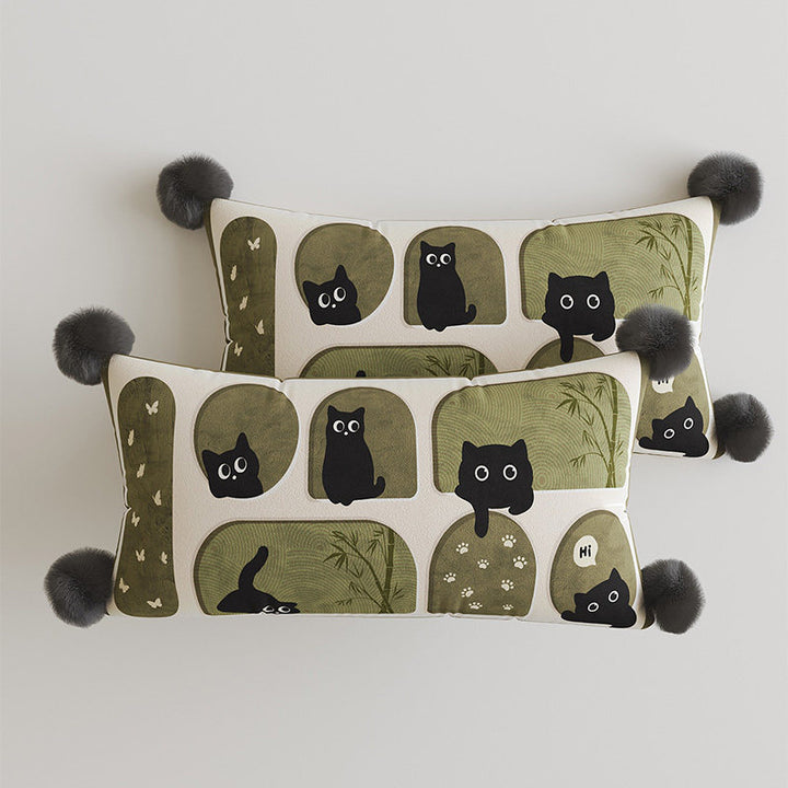 Decorative Rectangular Throw Pillow with Pom-Pom Corners and Patchwork Cat Illustration