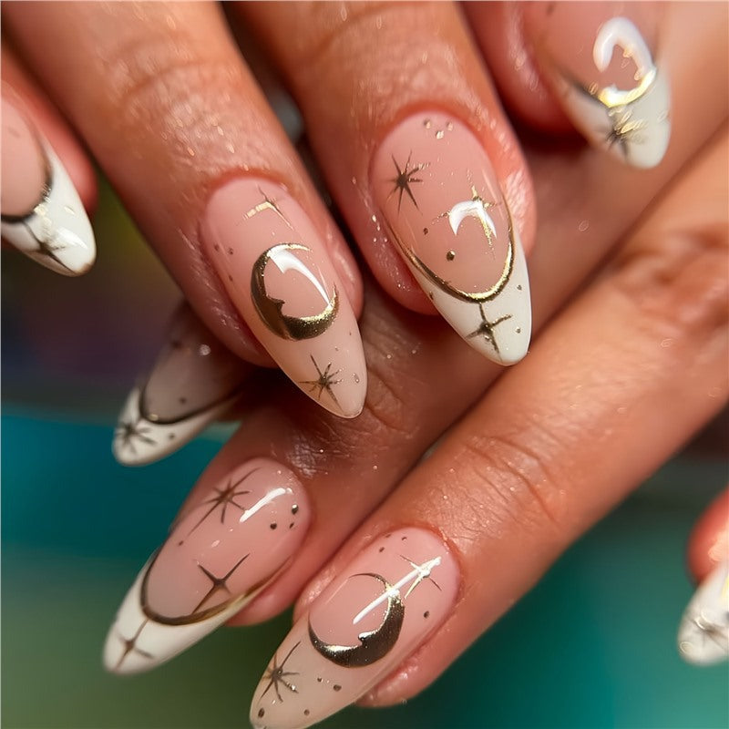 Artistic Stiletto Press-On Nail Design with Gold Accents Kalsten