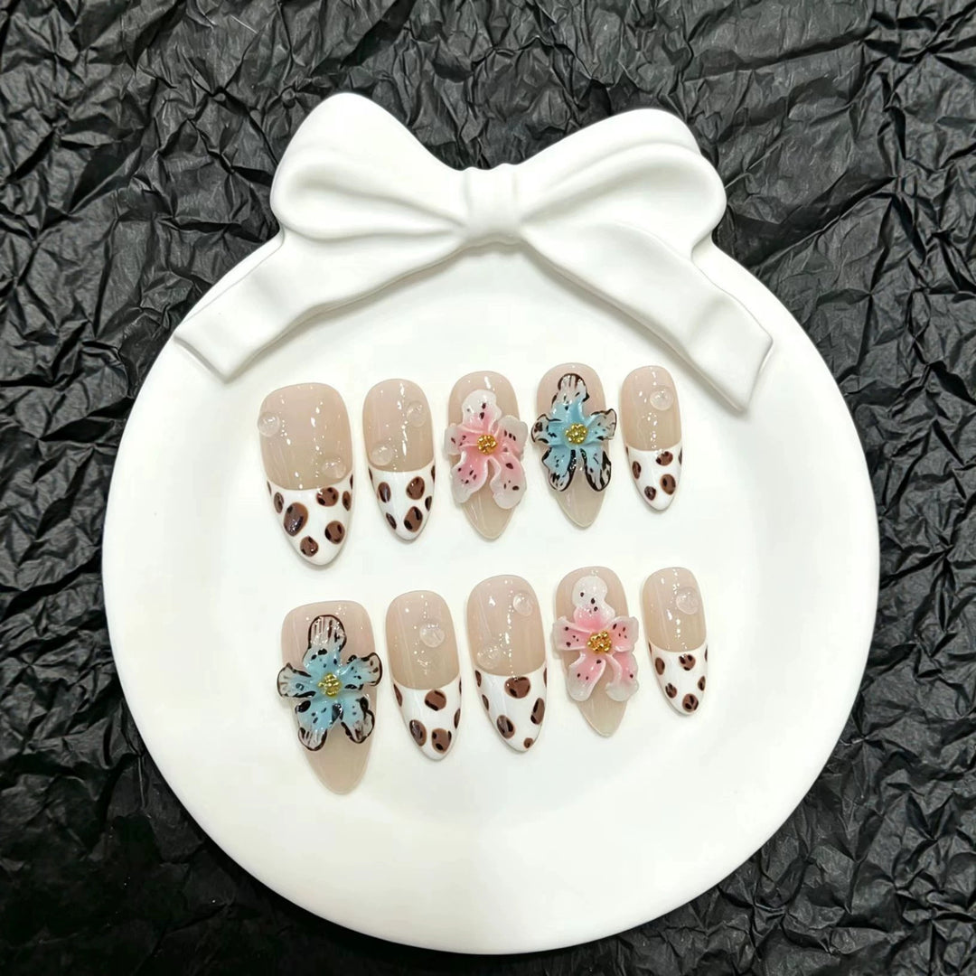 Artistic Press-On Nail Set with Floral and Animal Accents