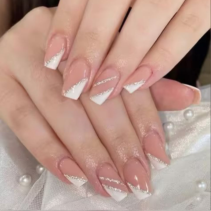 Elegant French Tip Stiletto Press-On Nails with Glitter Accents Kalsten