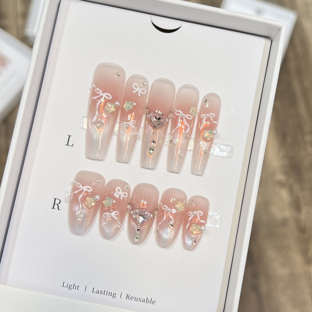Elegant Press-On Nail Art Set with Chic Ribbon and Gem Accents Kalsten