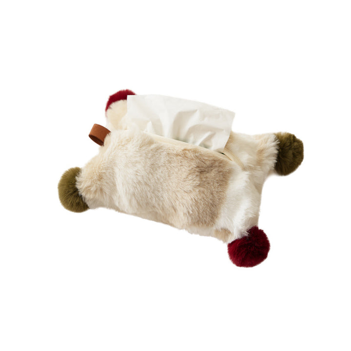 Plush tissue box cover made of faux fur with colorful pom-pom corners Kalsten