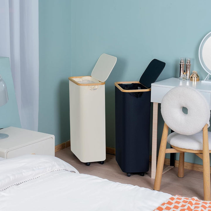 High-quality laundry container with bamboo lid and practical carrying handle Kalsten