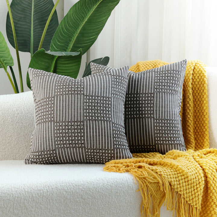 Stitched Geometric Cotton-Linen Square Throw Pillow Cover with Hidden Zipper