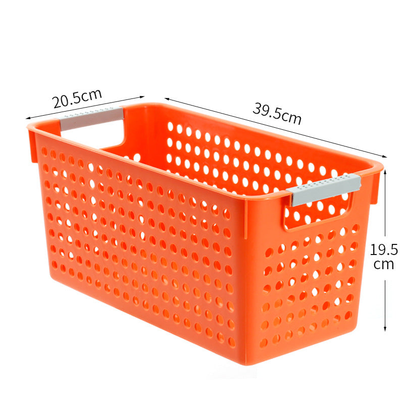 Flat plastic storage box with perforated side wall and grip recesses