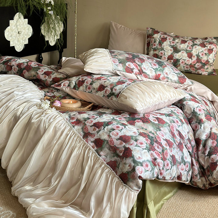 Luxurious satin bedding set with rose pattern and ruffled bed skirt