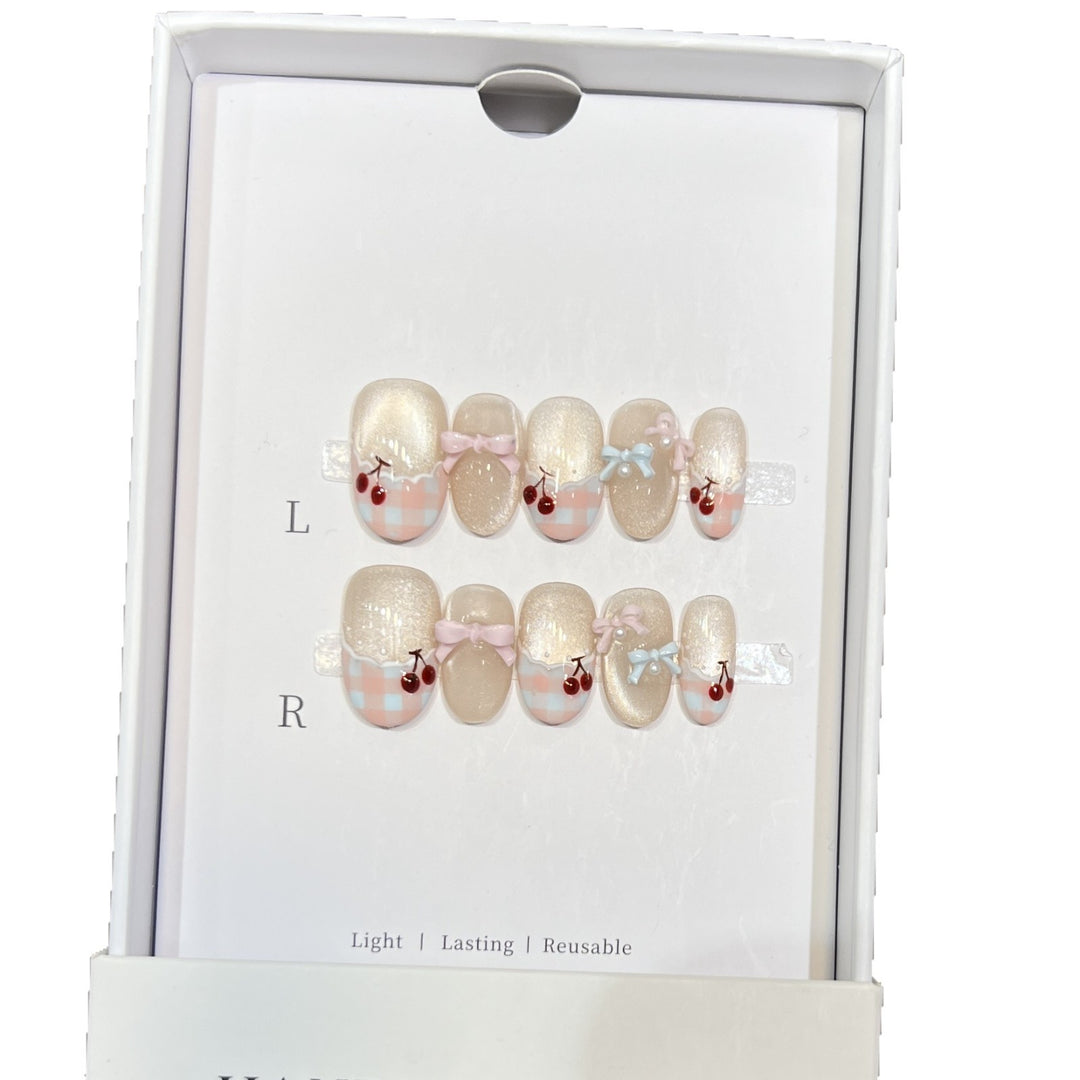 Decorative Press-On Nail Art Set with Charming Bow and Cherry Accents Kalsten