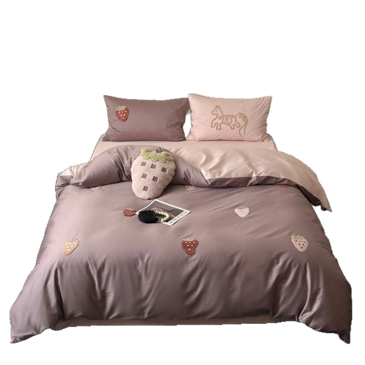 Luxurious cotton satin bedding set with embroidered strawberry appliqués