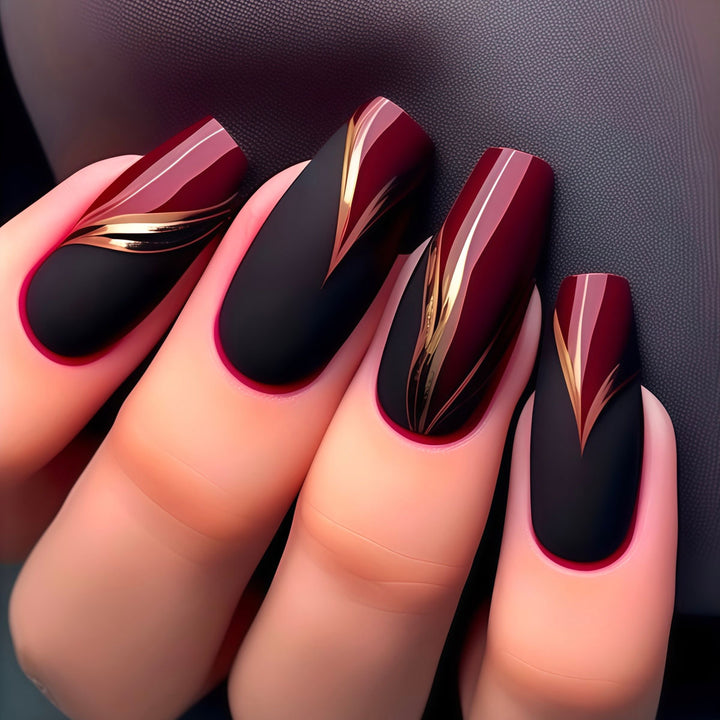 Stylish Press-On Nail Set with Gold Stripe Accents Kalsten