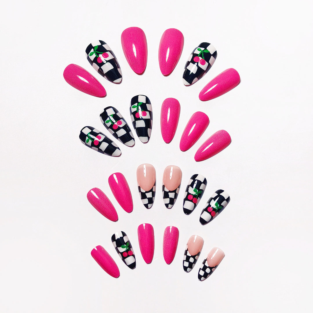 Creative artificial nails with playful cherry and checkerboard design Kalsten