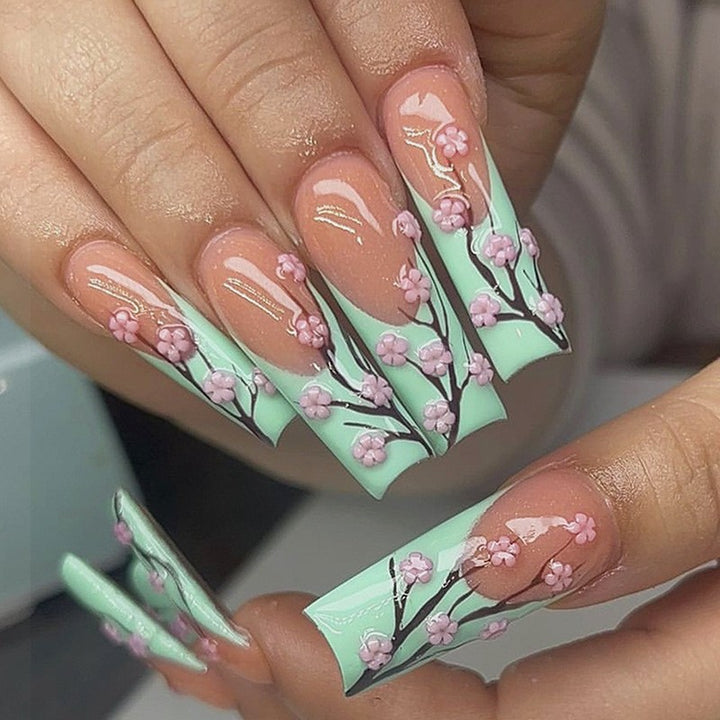 Decorative Floral Press-On Nail Art Set with 3D Flower Accents kalsten