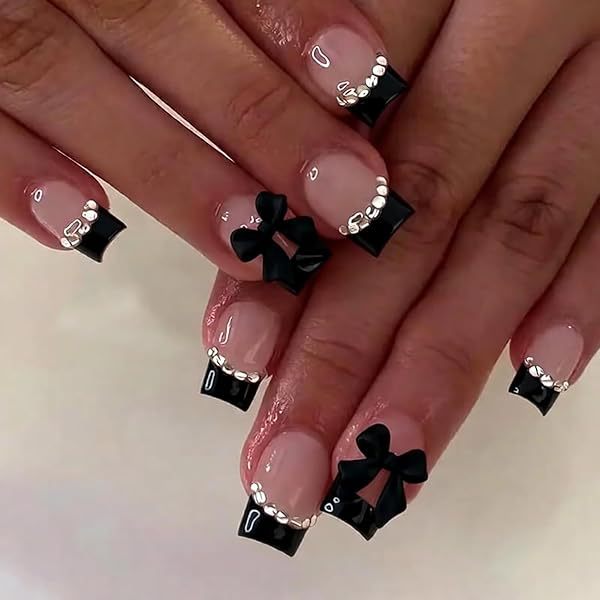 Artificial Nail Set with Elegant Bows and Glitter Decorations Kalsten