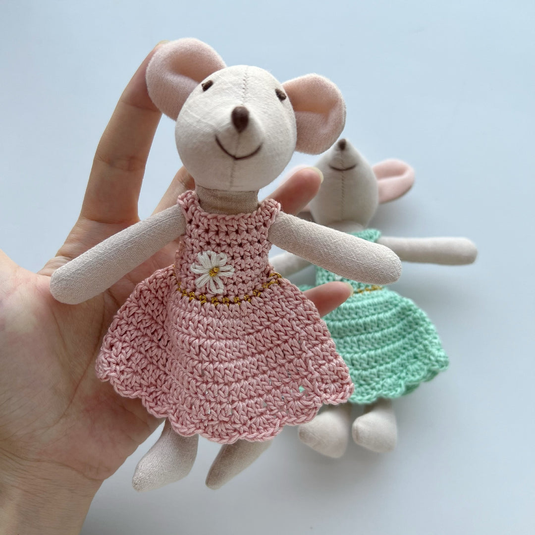 Handmade Linen Mouse Doll with Crocheted Dress and Embroidered Details