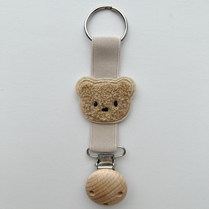 Plush Teddy Bear Pacifier and Teether Holder Strap with Wooden Safety Clip