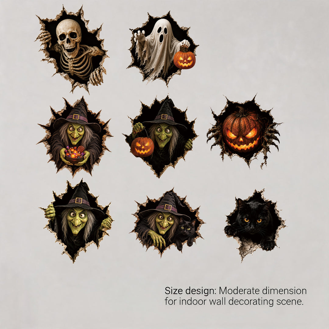 Realistic 3D wall sticker Halloween witch with breaking wall and candy