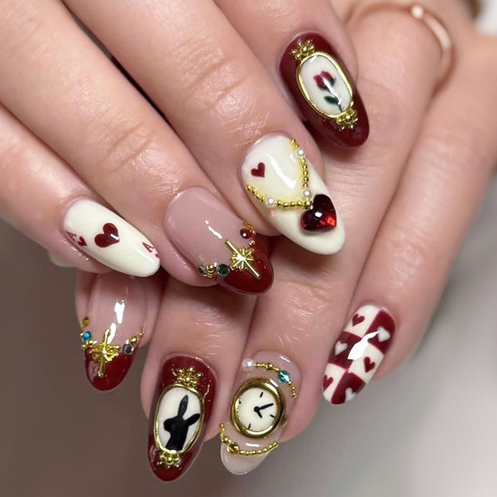 Artistic Press-On Nail Set with Creative Heart and Clock Designs kalsten