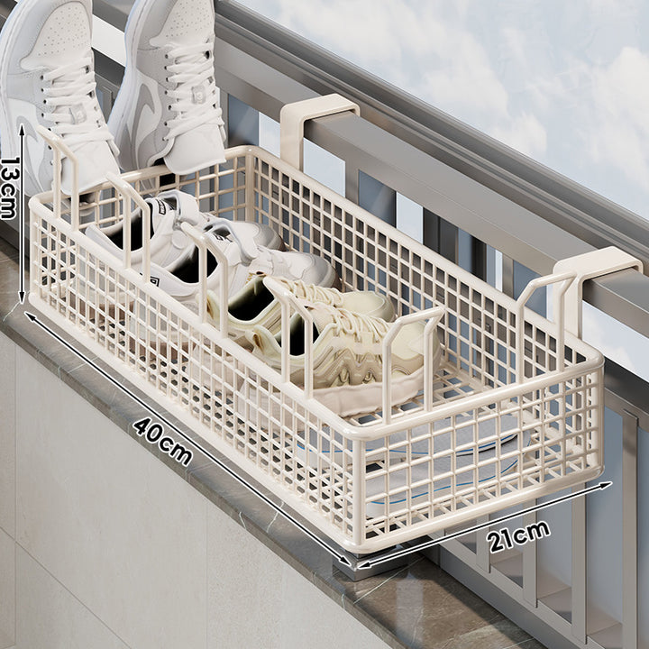 Window-Rail Hanging Shoe Storage Basket with Ventilated Grid and Adjustable Clamp Hooks