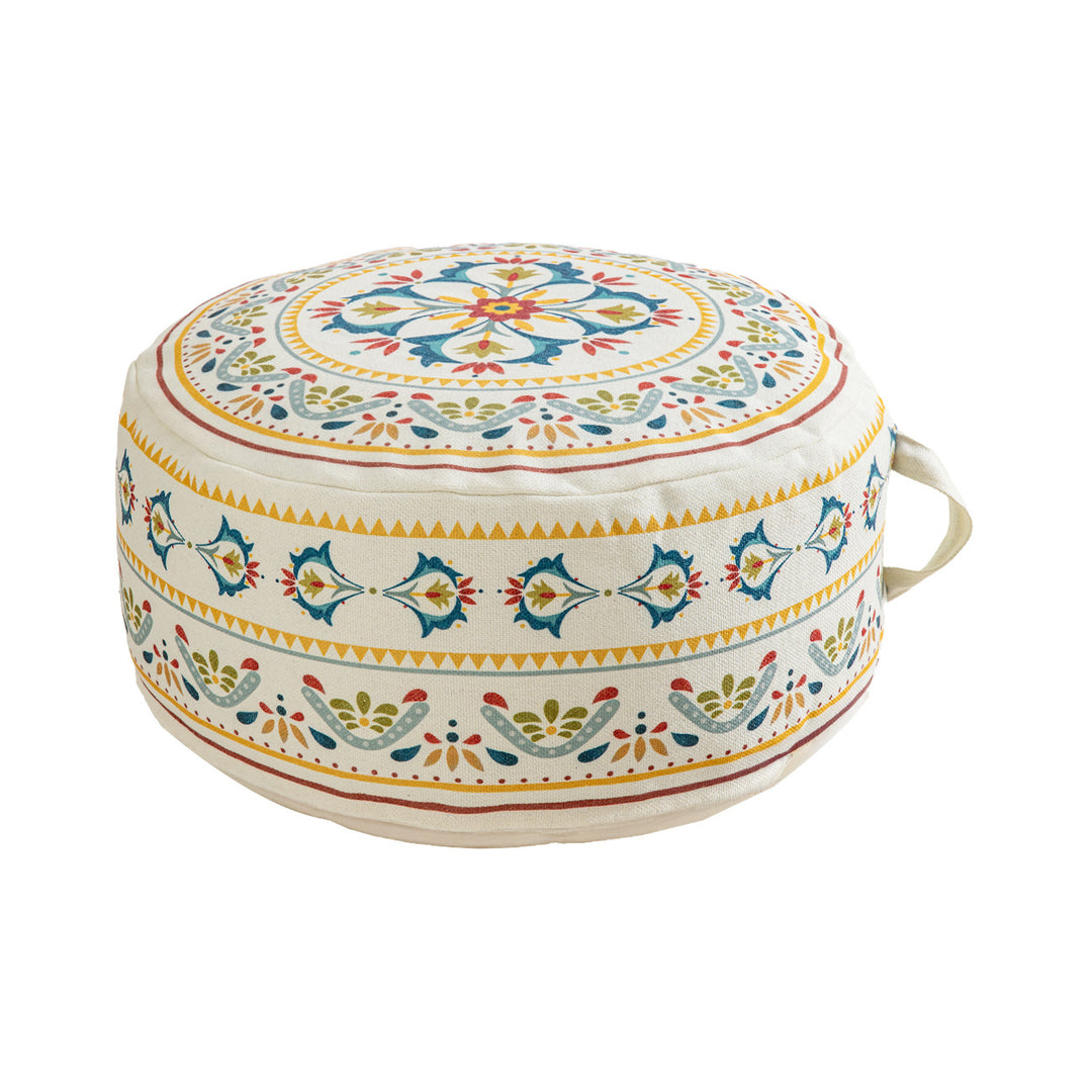 Round seat pouf with woven cotton cover and ethnic mandala print Kalsten