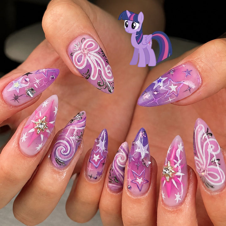 Artistic Press-On Nail Set with Star and Whimsical Patterns kalsten